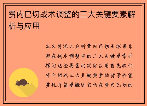 费内巴切战术调整的三大关键要素解析与应用