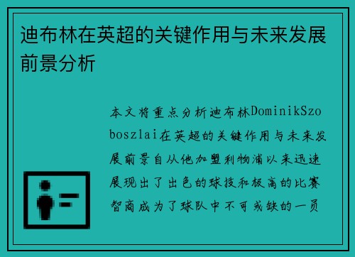 迪布林在英超的关键作用与未来发展前景分析