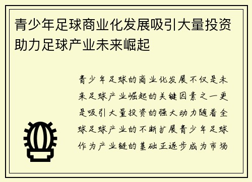 青少年足球商业化发展吸引大量投资助力足球产业未来崛起