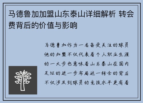 马德鲁加加盟山东泰山详细解析 转会费背后的价值与影响
